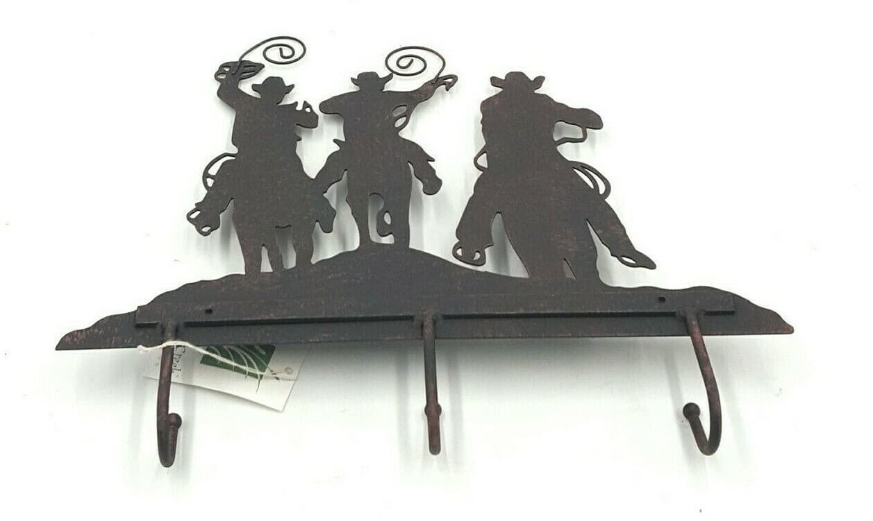 Rustic Home Decor Metal Cowboy Roundup Key Holder With 3 Hooks Wall Mounted - Thumbnail 3