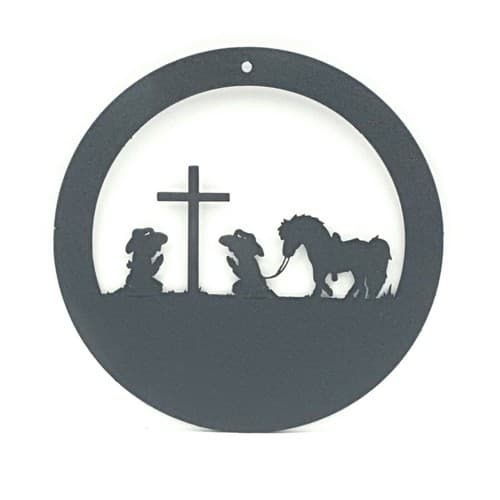 Silhouette Praying Cowboy Cowgirl Children Round Small Sign Cross Pony - Thumbnail 7
