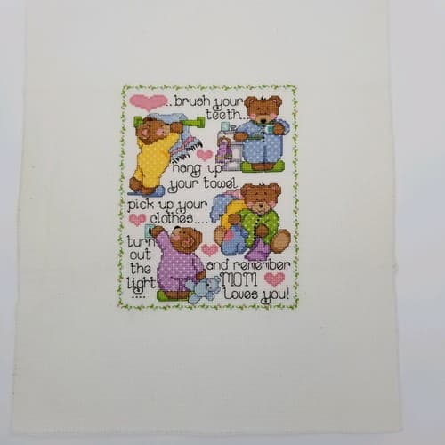 Hand Crafted Cross Stitch Bath Bears Bathroom Decor Rules Needlework Brush Teeth - Thumbnail 11
