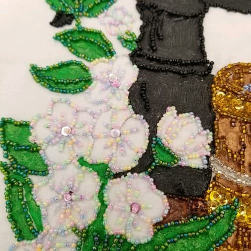 Hand Crafted Bead Work Vintage Black Water Pump Flowers Hand Stitched Made Craft - Thumbnail 6
