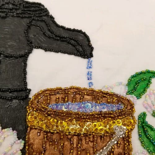 Hand Crafted Bead Work Vintage Black Water Pump Flowers Hand Stitched Made Craft - Thumbnail 3