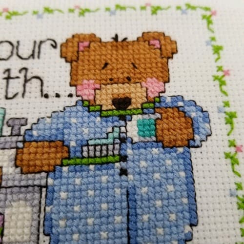 Hand Crafted Cross Stitch Bath Bears Bathroom Decor Rules Needlework Brush Teeth - Thumbnail 3