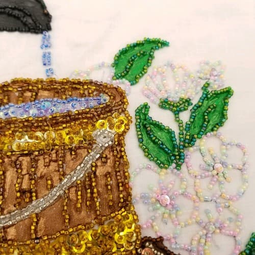 Hand Crafted Bead Work Vintage Black Water Pump Flowers Hand Stitched Made Craft - Thumbnail 7