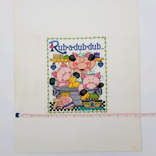 Hand Crafted Cross Stitch Bath Pigs Bathroom Decor Needlework Rub A Dub Suds - Thumbnail 9