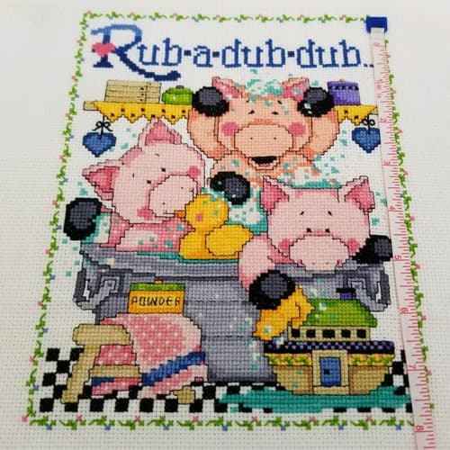 Hand Crafted Cross Stitch Bath Pigs Bathroom Decor Needlework Rub A Dub Suds - Thumbnail 7