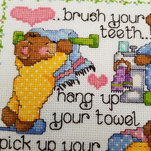 Hand Crafted Cross Stitch Bath Bears Bathroom Decor Rules Needlework Brush Teeth - Thumbnail 4