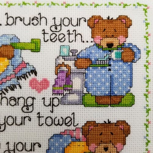 Hand Crafted Cross Stitch Bath Bears Bathroom Decor Rules Needlework Brush Teeth - Thumbnail 2
