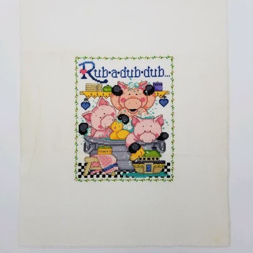 Hand Crafted Cross Stitch Bath Pigs Bathroom Decor Needlework Rub A Dub Suds - Thumbnail 8
