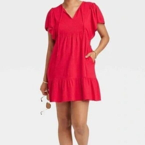 Knox Rose red flutter-sleeve V-neck Y2K Babydoll Strawberry dress XS - Thumbnail 14