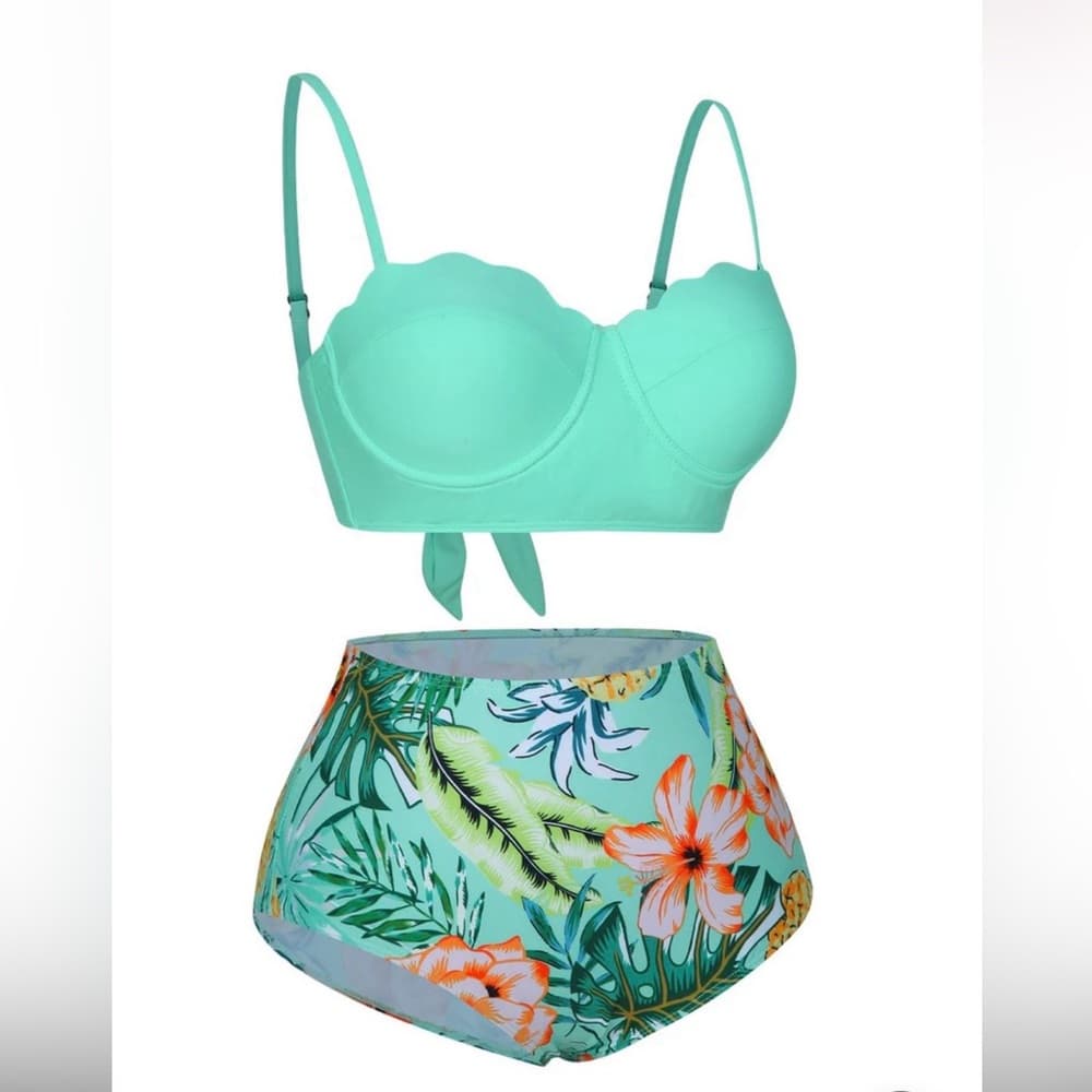 Mint Green Bikini Top and Floral High-Waisted Bottoms L - Thumbnail 10