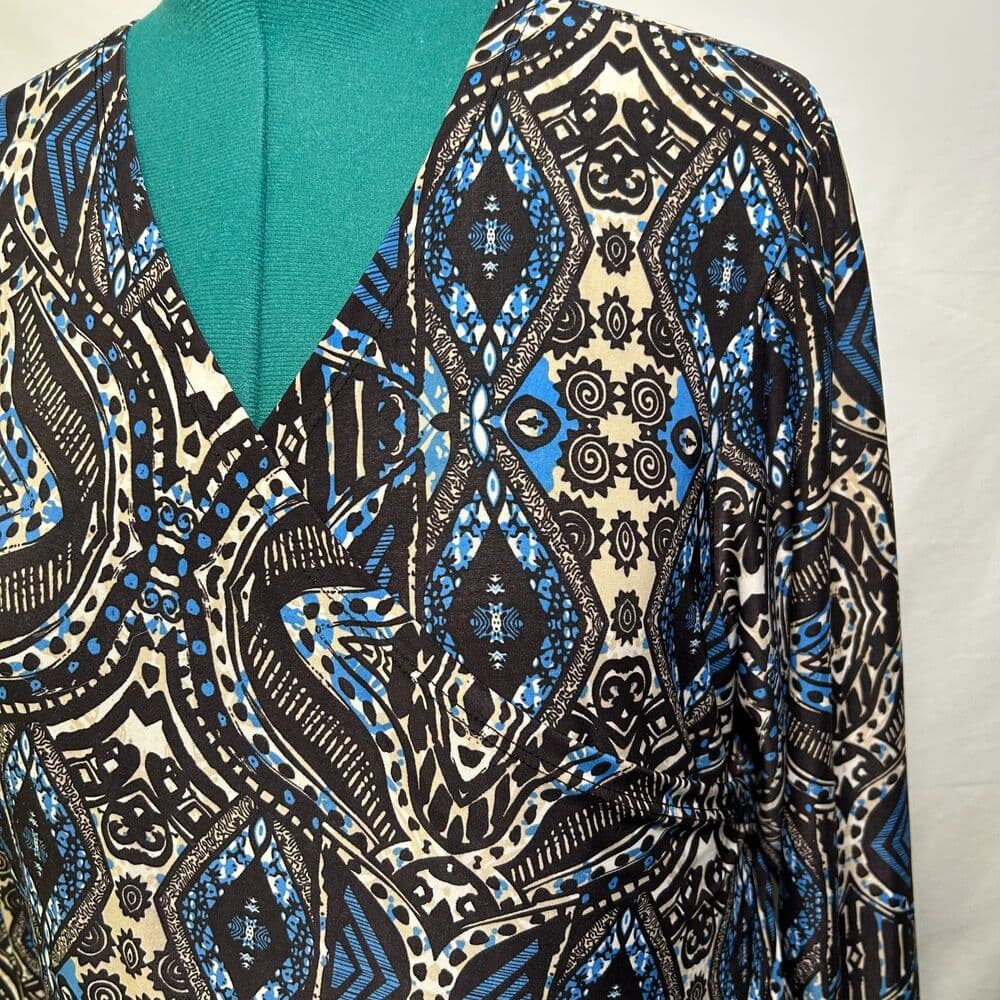 24seven Comfort Apparel blue patterned faux wrap dress 2X