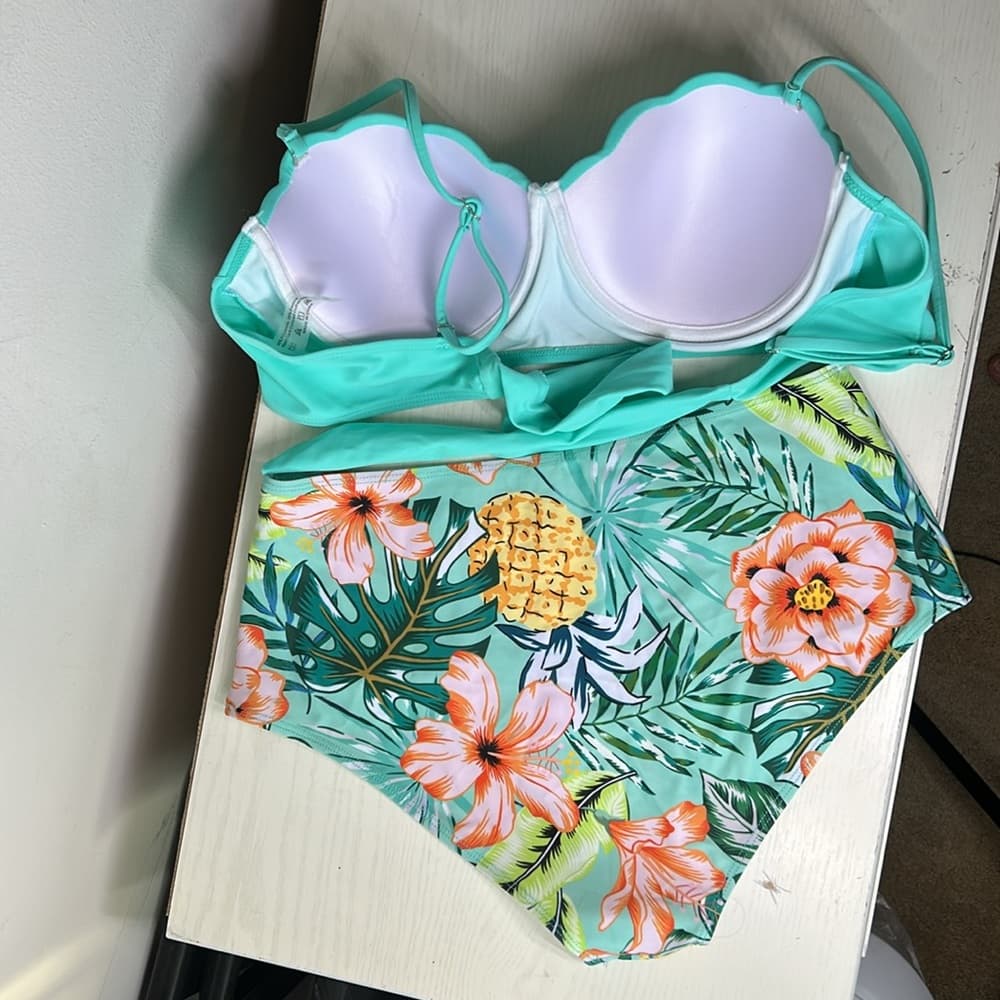 Mint Green Bikini Top and Floral High-Waisted Bottoms L - Thumbnail 4