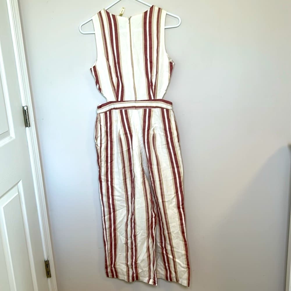 Japna Red & White Striped Cotton Linen Sleeveless Jumpsuit Size Medium - Thumbnail 5