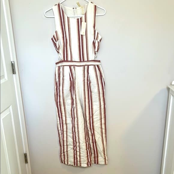 Japna Red & White Striped Cotton Linen Sleeveless Jumpsuit Size Medium - Thumbnail 9