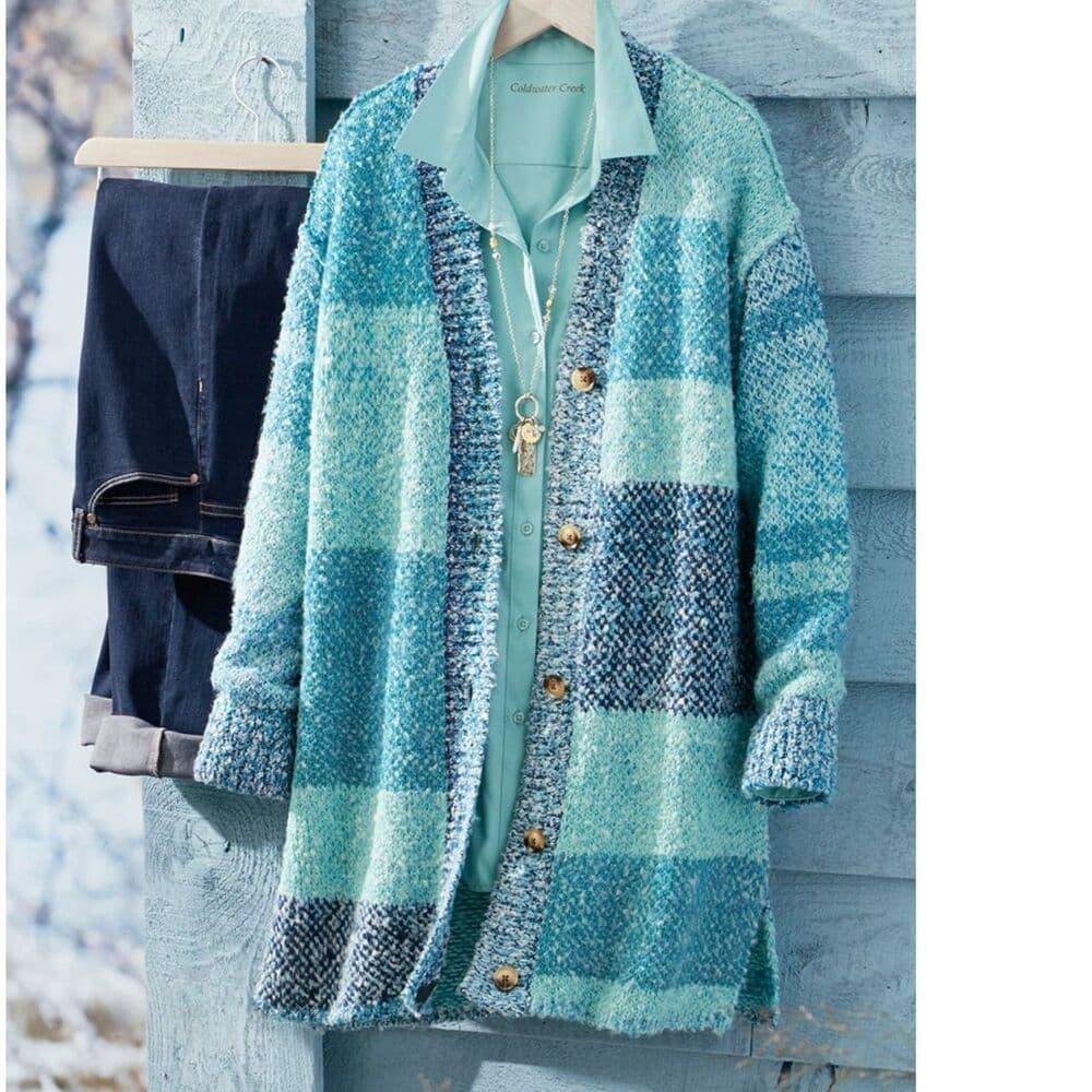 NEW Coldwater Creek Flint Creek Cardigan aqua sea multi-color patchwork knit 2X