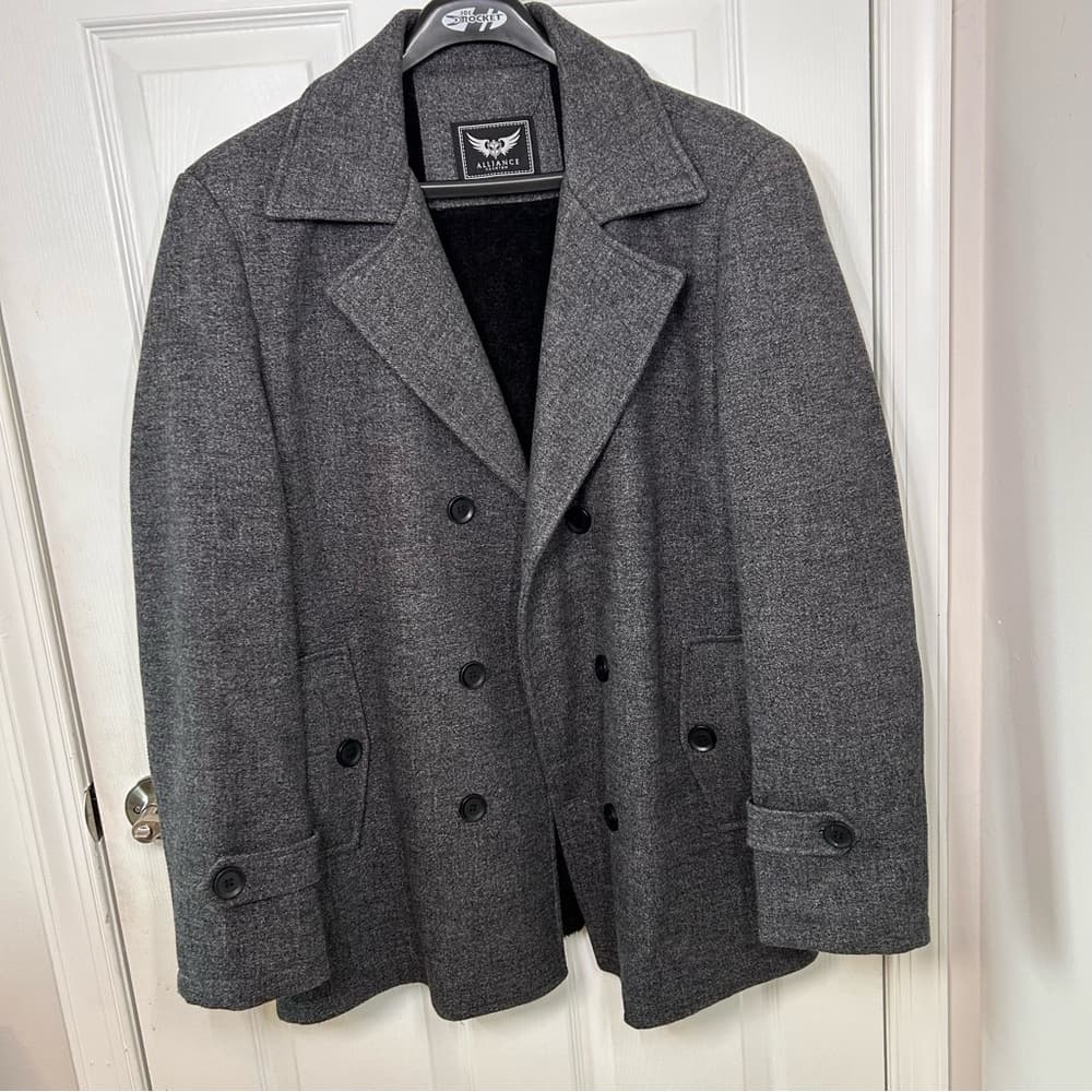 Alliance Fashion Men’s Gray Double Breasted Fleece-Lined Peacoat Size L