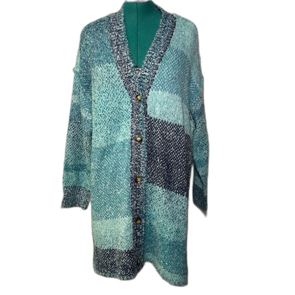NEW Coldwater Creek Flint Creek Cardigan aqua sea multi-color patchwork knit 2X - Thumbnail 10