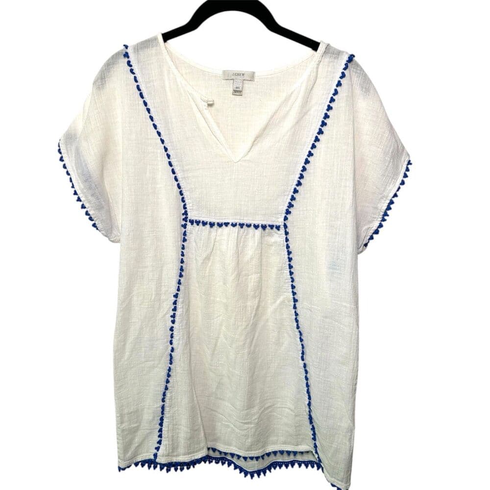 J. Crew 100% Cotton XXS Oversized Tunic Top w/ Blue Fringe