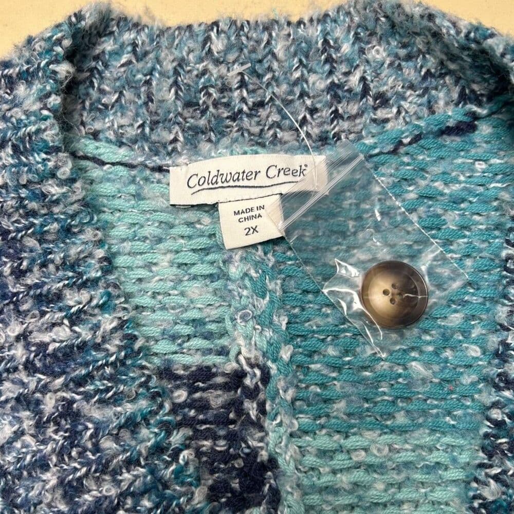 NEW Coldwater Creek Flint Creek Cardigan aqua sea multi-color patchwork knit 2X - Thumbnail 2