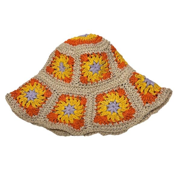 NEW Orange Yellow Straw Floral Granny Square Crochet Bucket Hat Cottage Core OS - Thumbnail 6