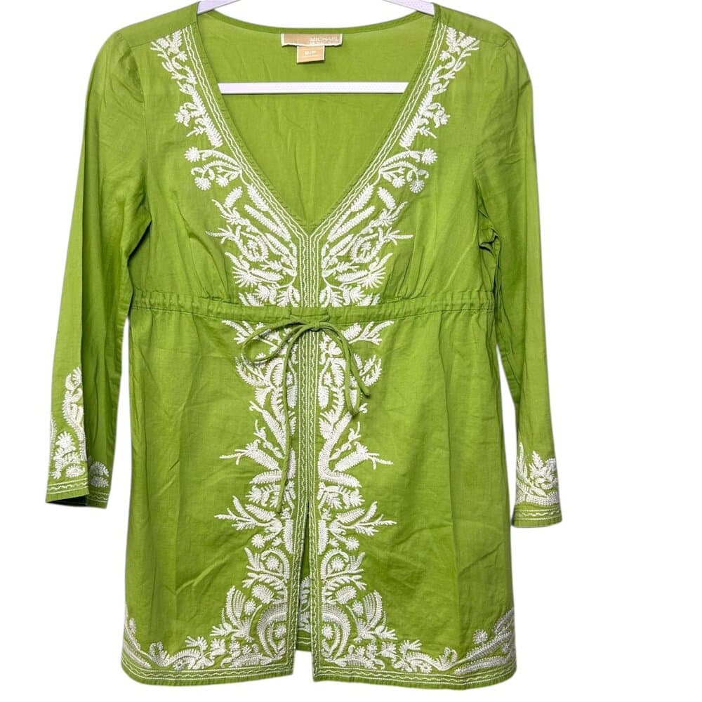 Michael Kors green embroidered 3/4 sleeve Y2K Boho tunic top Size Small - Thumbnail 9