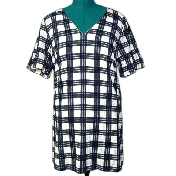 Madewell Navy & White Bell-Sleeve Dress in Leighton Plaid Size 12 - Thumbnail 12
