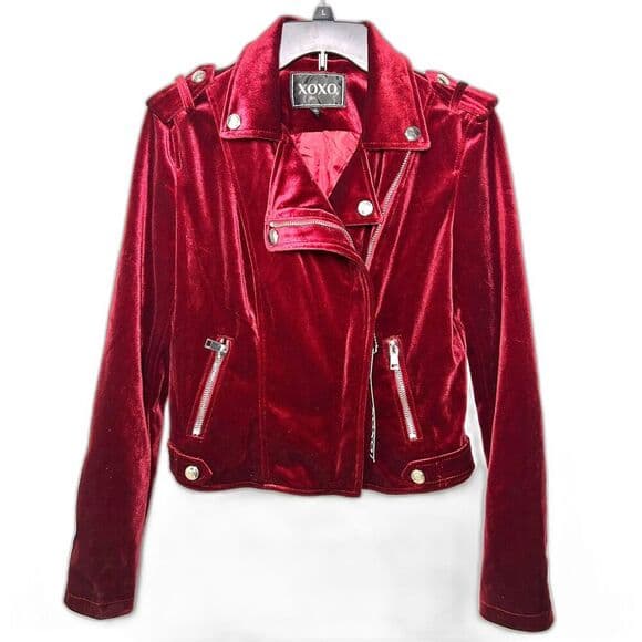 NWT XOXO Burgundy Velour Motorcycle Jacket Medium - Thumbnail 10