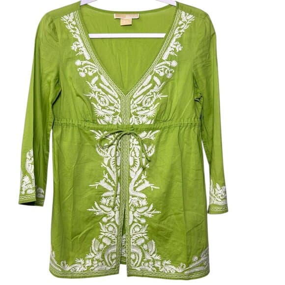 Michael Kors green embroidered 3/4 sleeve Y2K Boho tunic top Size Small - Thumbnail 10