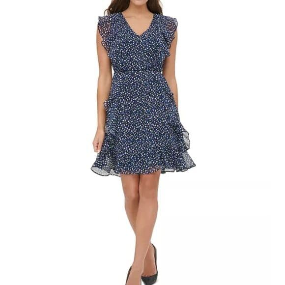 Tommy Hilfiger Blue Black White Print Ruffled Fit & Flare Dress - Thumbnail 11