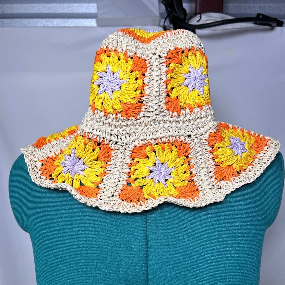 NEW Orange Yellow Straw Floral Granny Square Crochet Bucket Hat Cottage Core OS