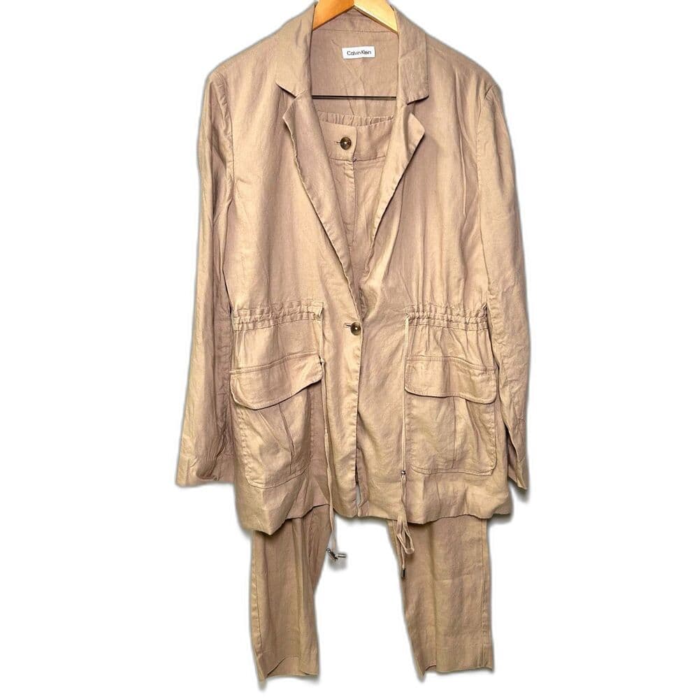 Calvin Klein Linen Blend Utility Jacket & Stretch Waist Pants Size L Safari