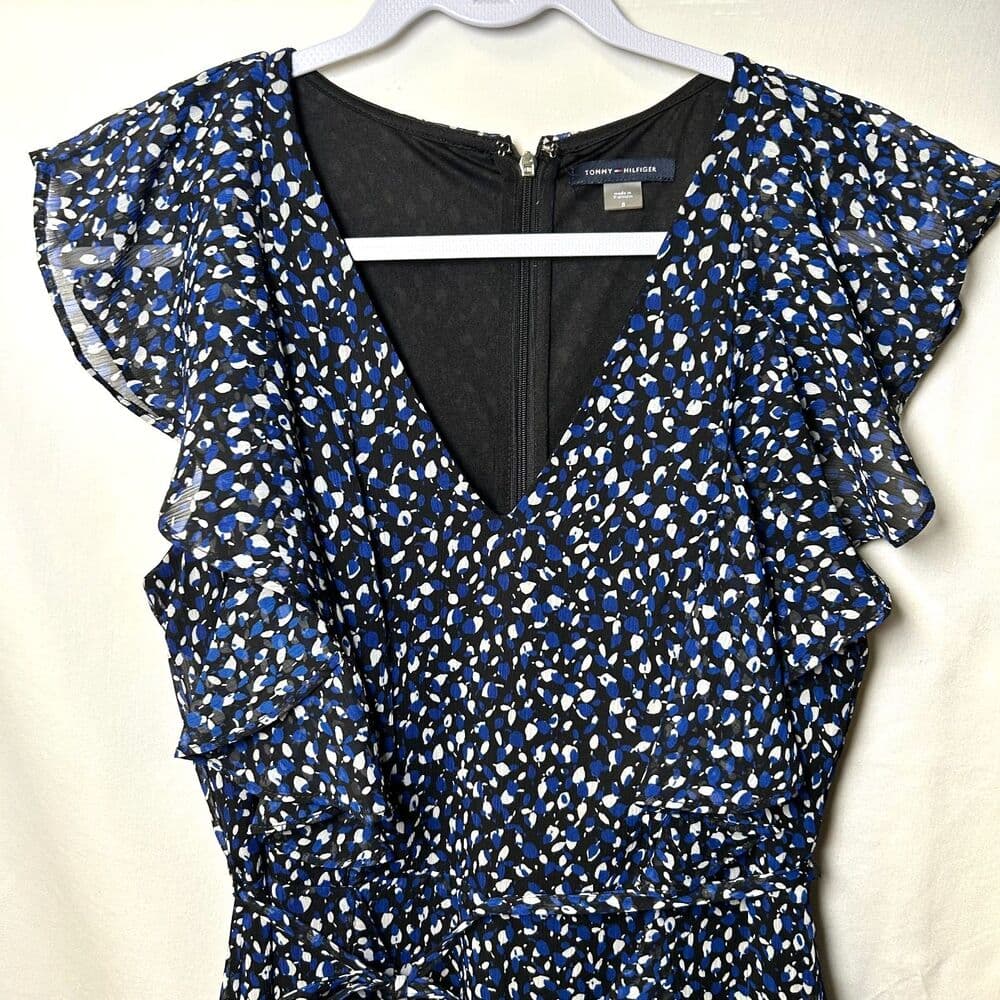 Tommy Hilfiger Blue Black White Print Ruffled Fit & Flare Dress - Thumbnail 3