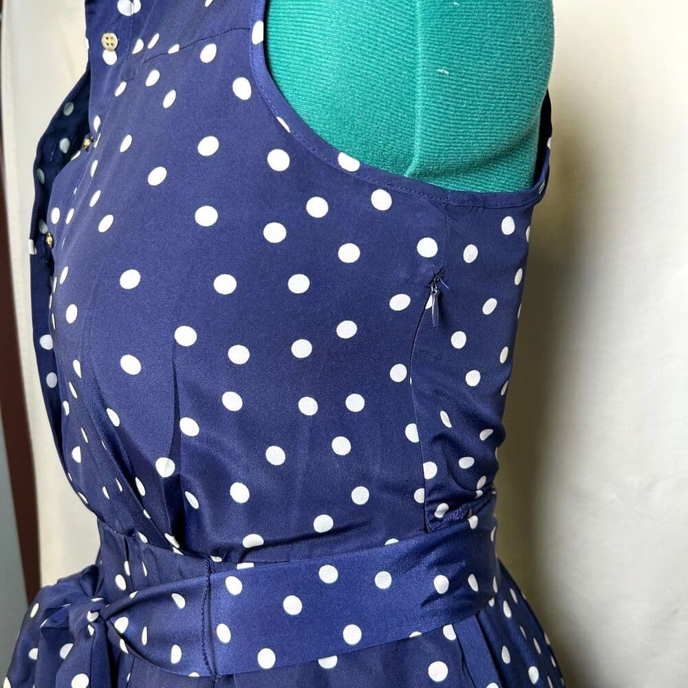1901 Navy Blue White Polka Dot Collared Shirt Dress 6P - Thumbnail 3