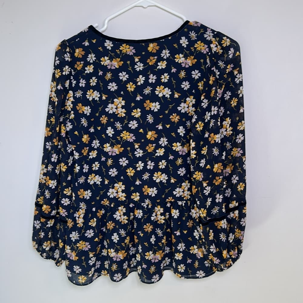 Madewell Blue Velvet-Trimmed Square-Neck Floral Cottagecore Top XS - Thumbnail 3