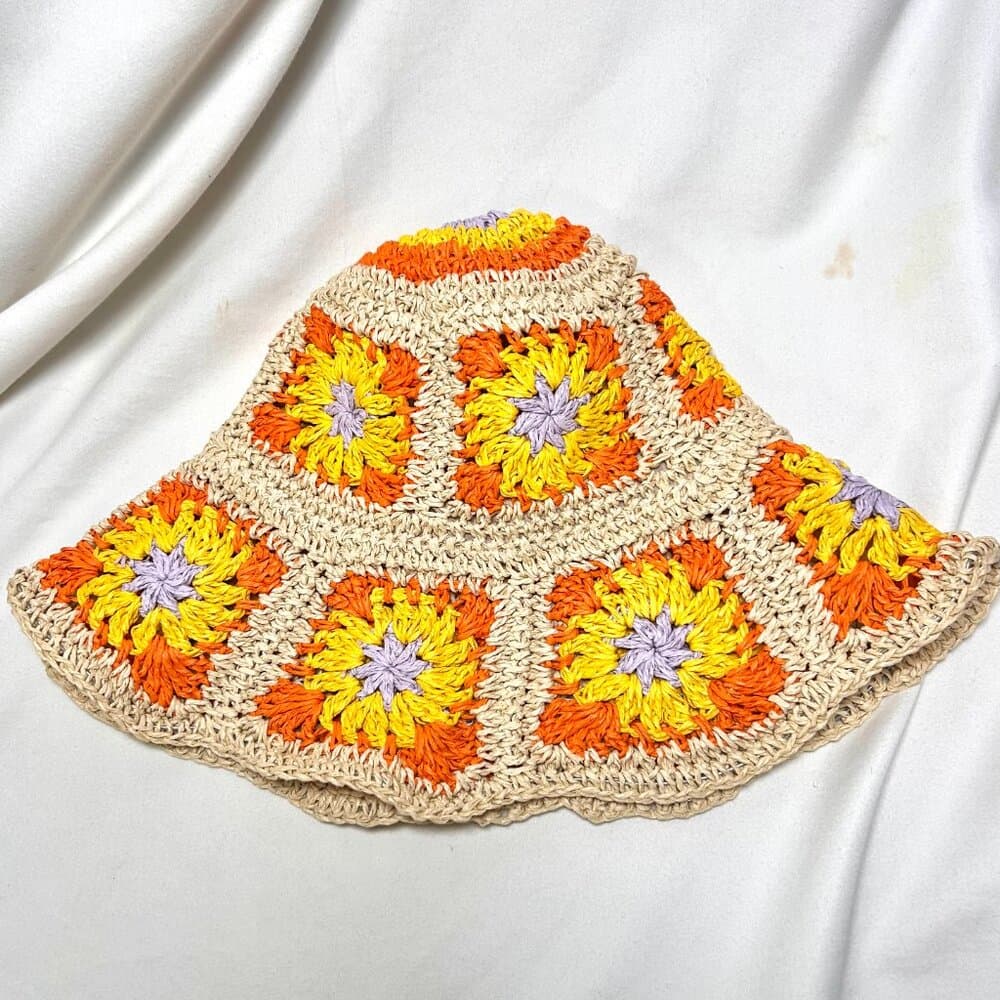 NEW Orange Yellow Straw Floral Granny Square Crochet Bucket Hat Cottage Core OS - Thumbnail 2