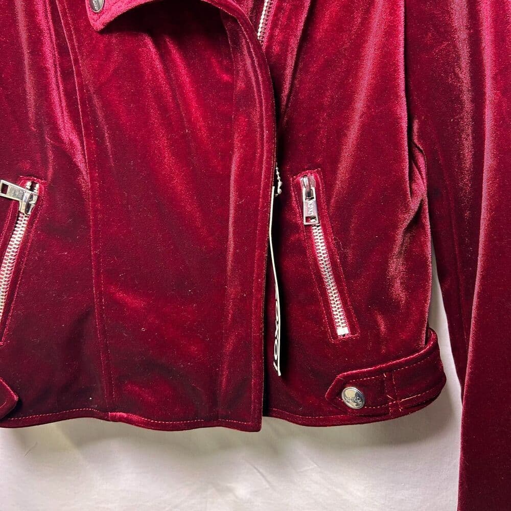 NWT XOXO Burgundy Velour Motorcycle Jacket Medium - Thumbnail 4