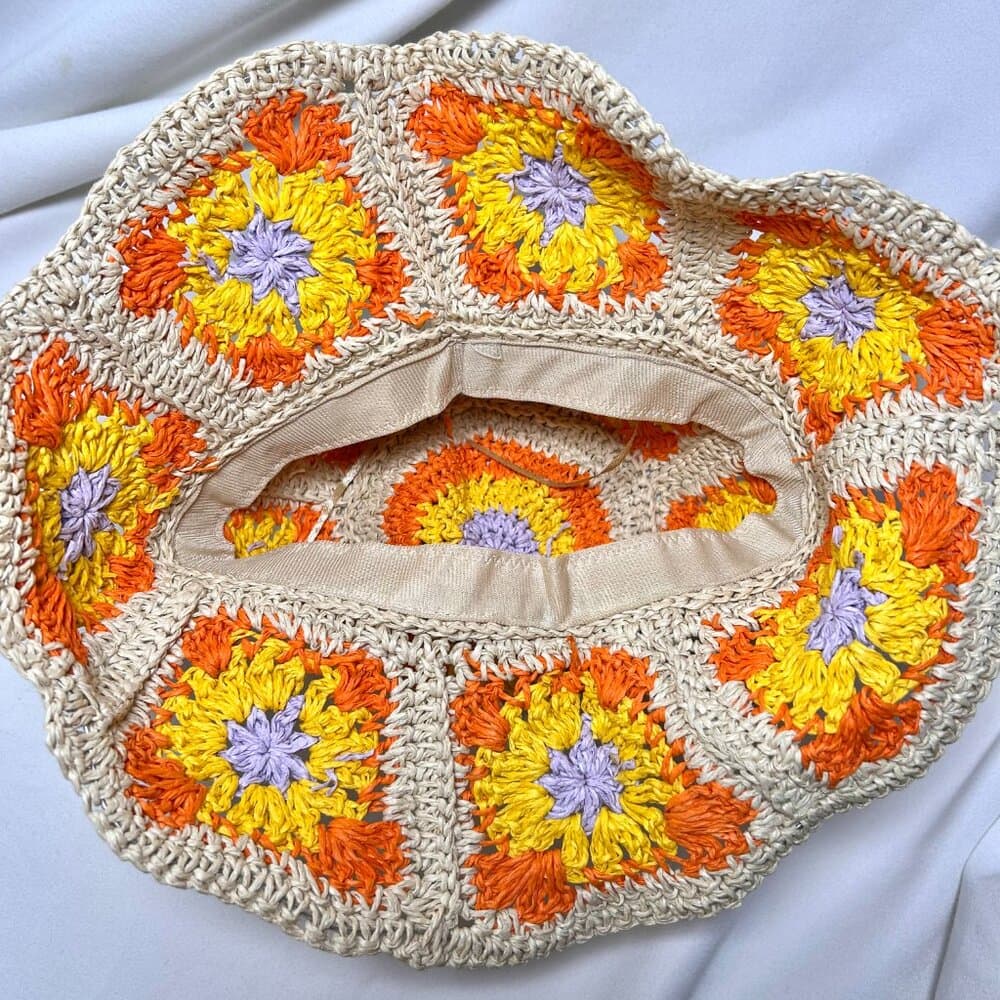 NEW Orange Yellow Straw Floral Granny Square Crochet Bucket Hat Cottage Core OS - Thumbnail 3