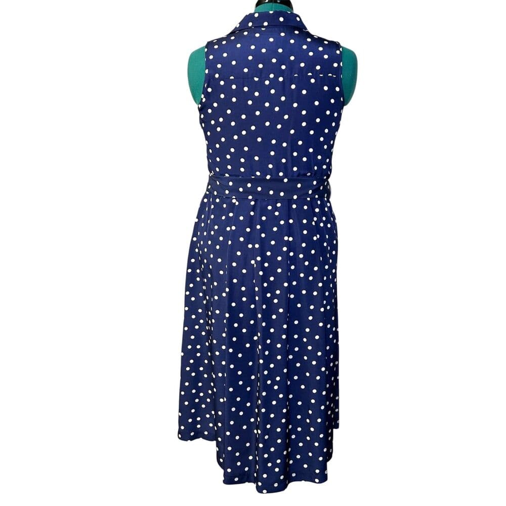 1901 Navy Blue White Polka Dot Collared Shirt Dress 6P - Thumbnail 4