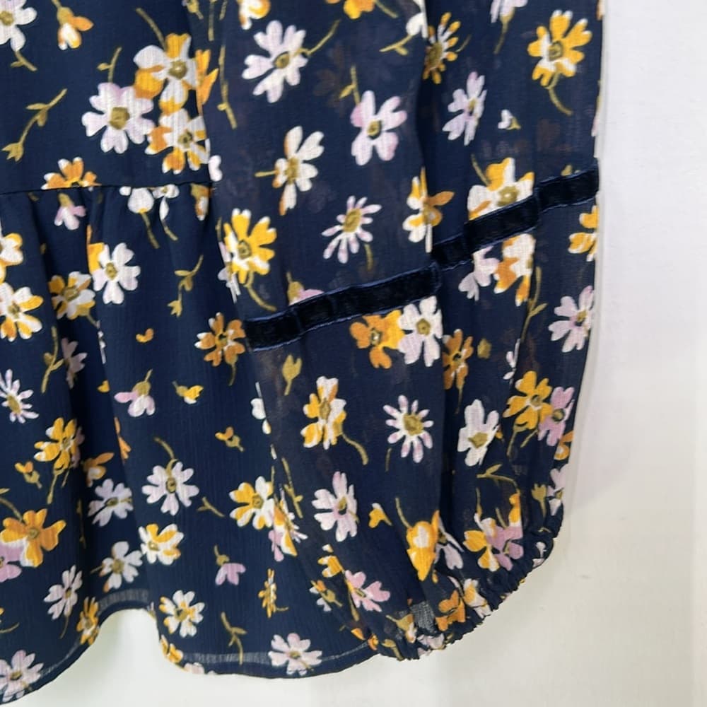 Madewell Blue Velvet-Trimmed Square-Neck Floral Cottagecore Top XS - Thumbnail 4