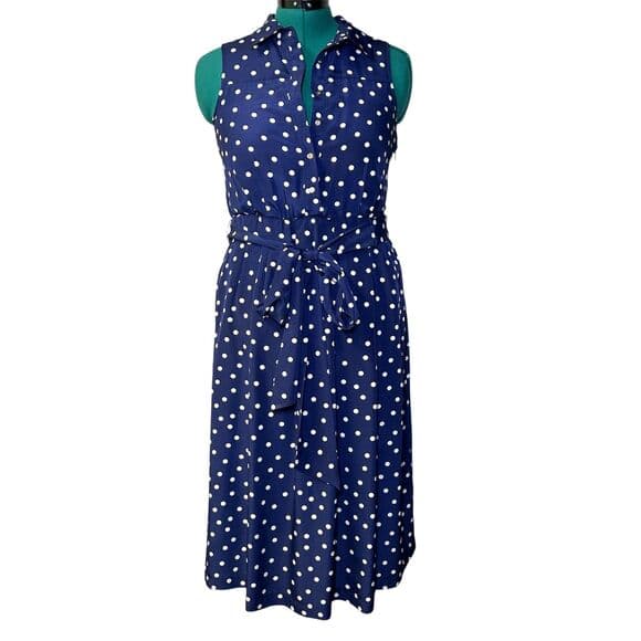 1901 Navy Blue White Polka Dot Collared Shirt Dress 6P - Thumbnail 11