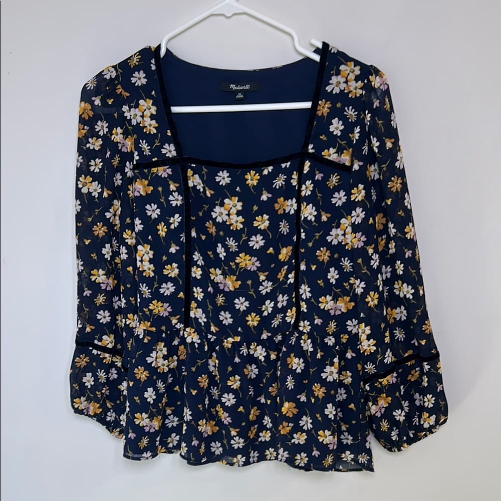 Madewell Blue Velvet-Trimmed Square-Neck Floral Cottagecore Top XS - Thumbnail 2