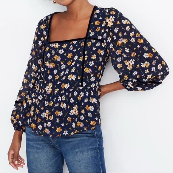 Madewell Blue Velvet-Trimmed Square-Neck Floral Cottagecore Top XS - Thumbnail 11