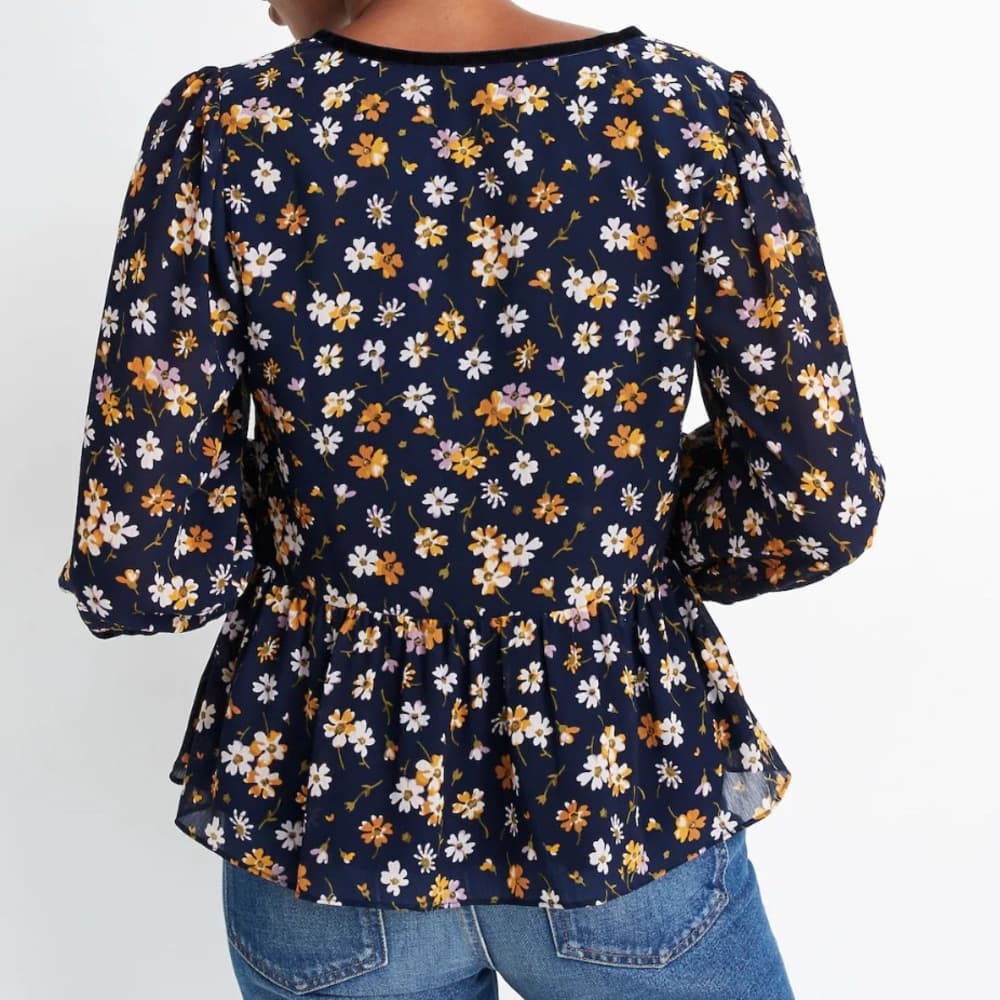 Madewell Blue Velvet-Trimmed Square-Neck Floral Cottagecore Top XS