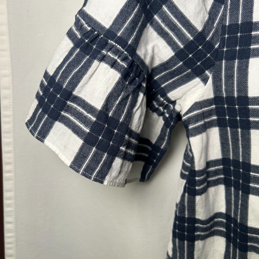 Madewell Navy & White Bell-Sleeve Dress in Leighton Plaid Size 12 - Thumbnail 4