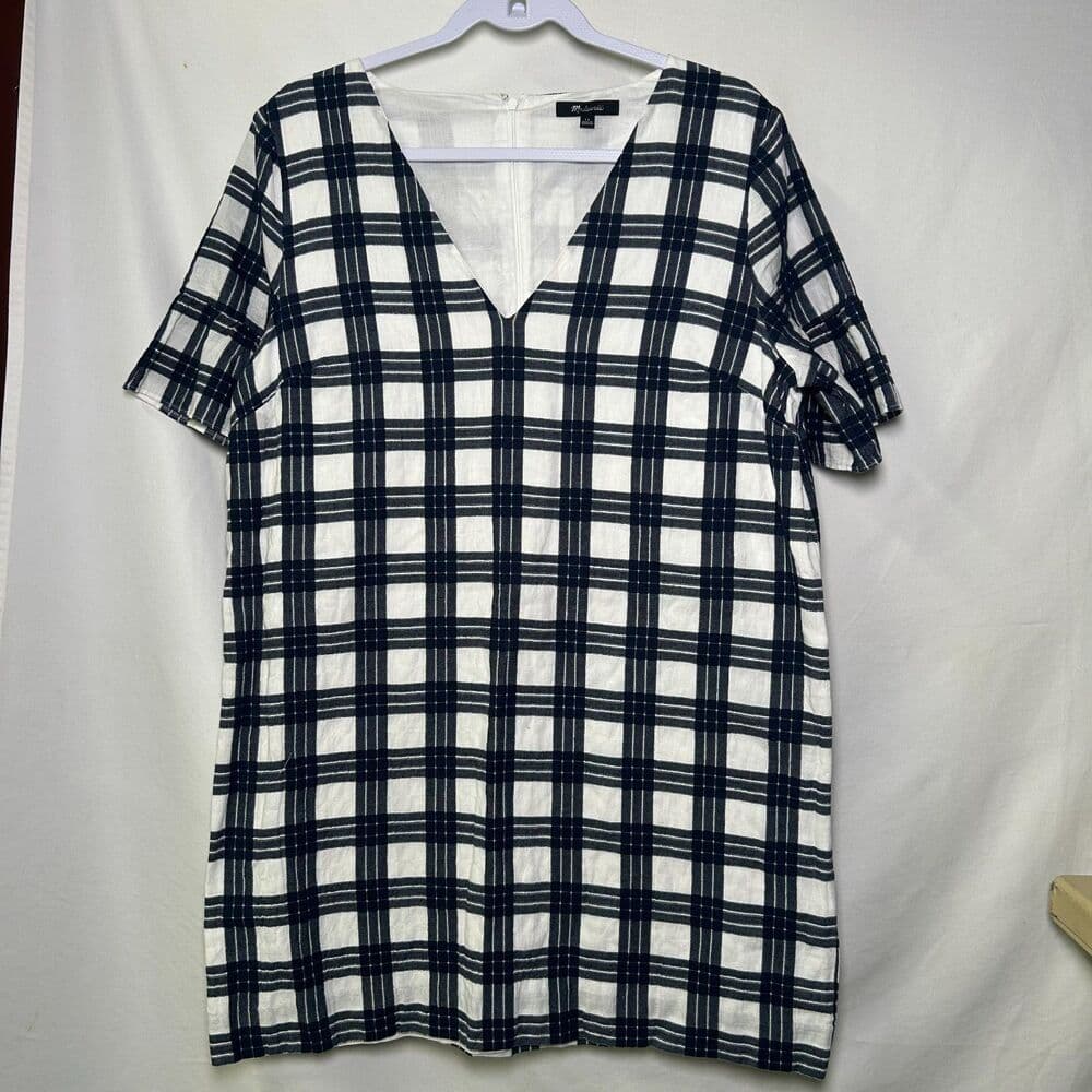 Madewell Navy & White Bell-Sleeve Dress in Leighton Plaid Size 12 - Thumbnail 6