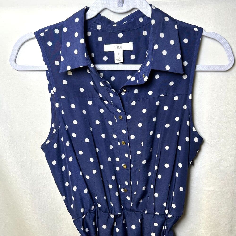 1901 Navy Blue White Polka Dot Collared Shirt Dress 6P