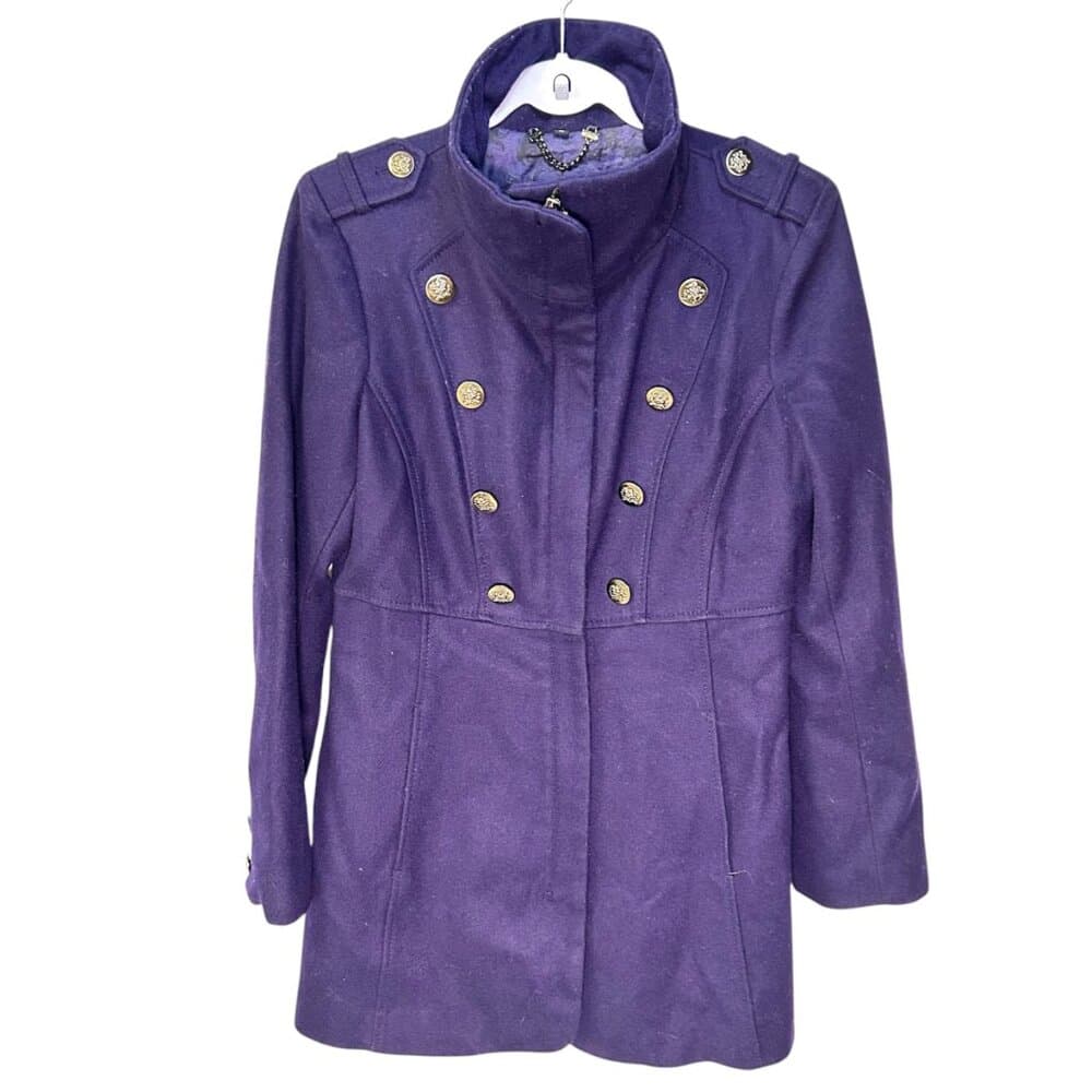 Guess double-breasted midi-length purple trench peacoat style wool blend coat M - Thumbnail 12