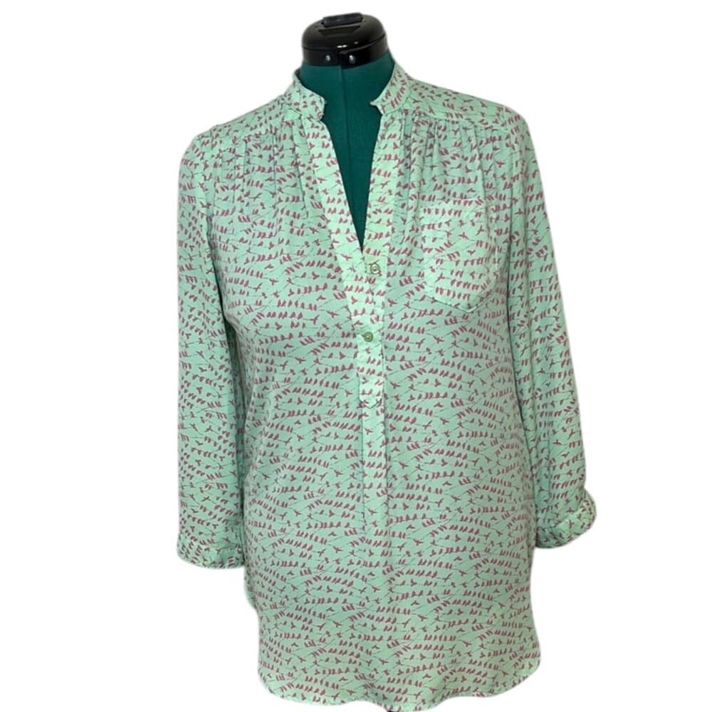 Pixley Mint Green and Pink Bird Patterned Blouse Size M - Thumbnail 10
