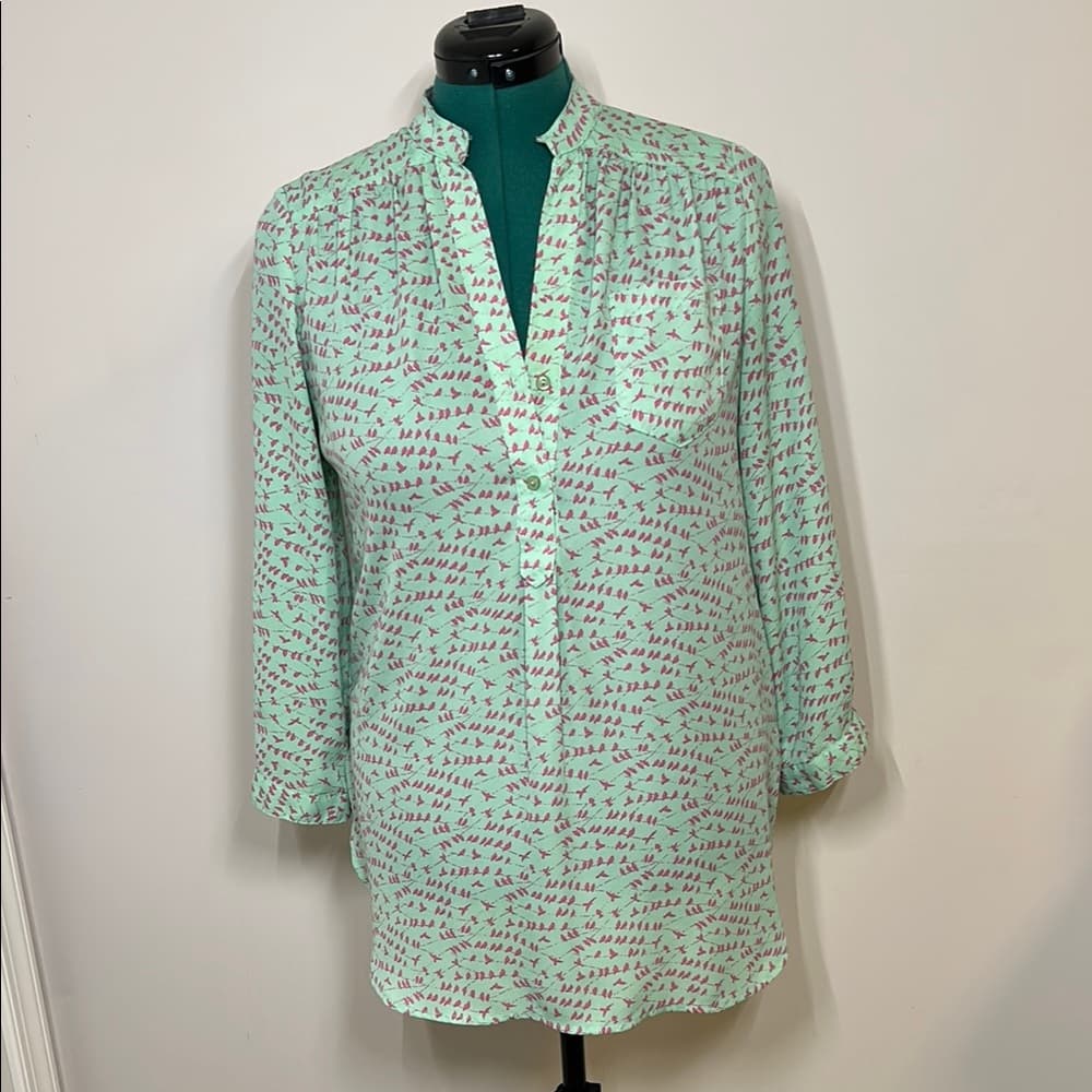 Pixley Mint Green and Pink Bird Patterned Blouse Size M - Thumbnail 2