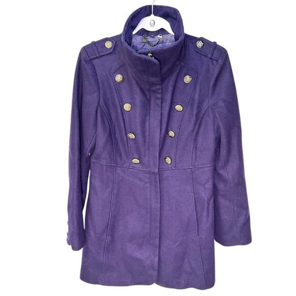 Guess double-breasted midi-length purple trench peacoat style wool blend coat M - Thumbnail 13